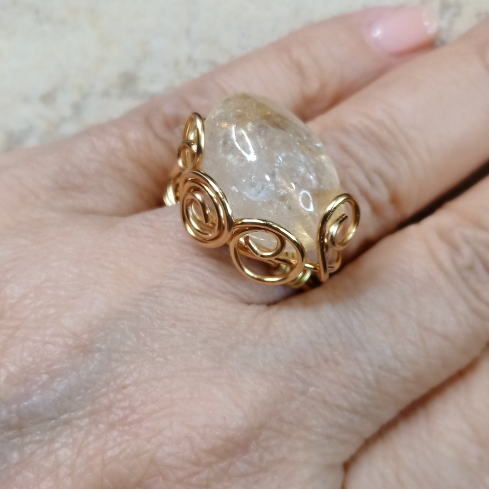 Wirewrapped Citrine Stone Swirl Ring Gold Plated Adjustable